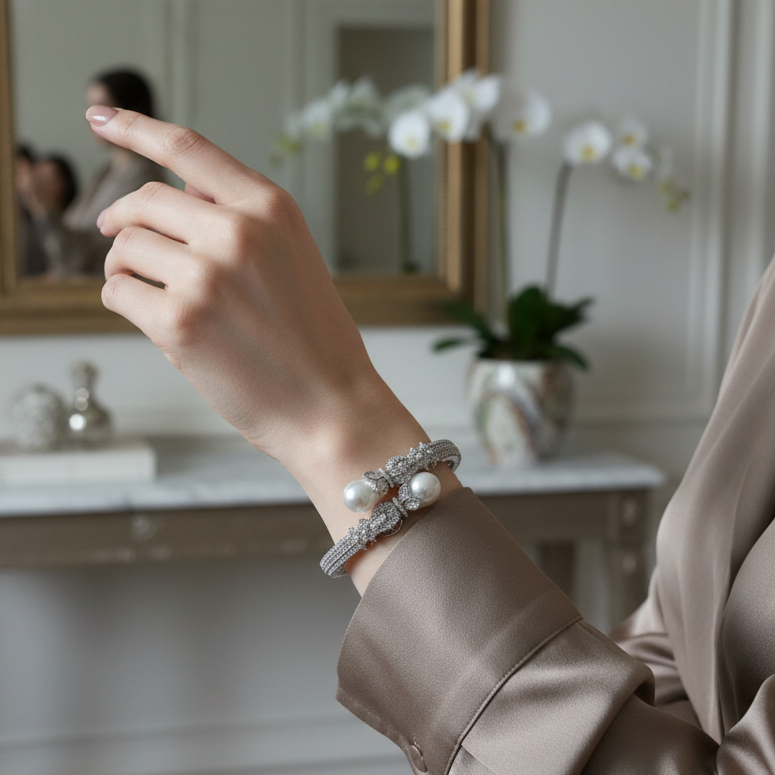 Pearl clasp silver diamond bracelet