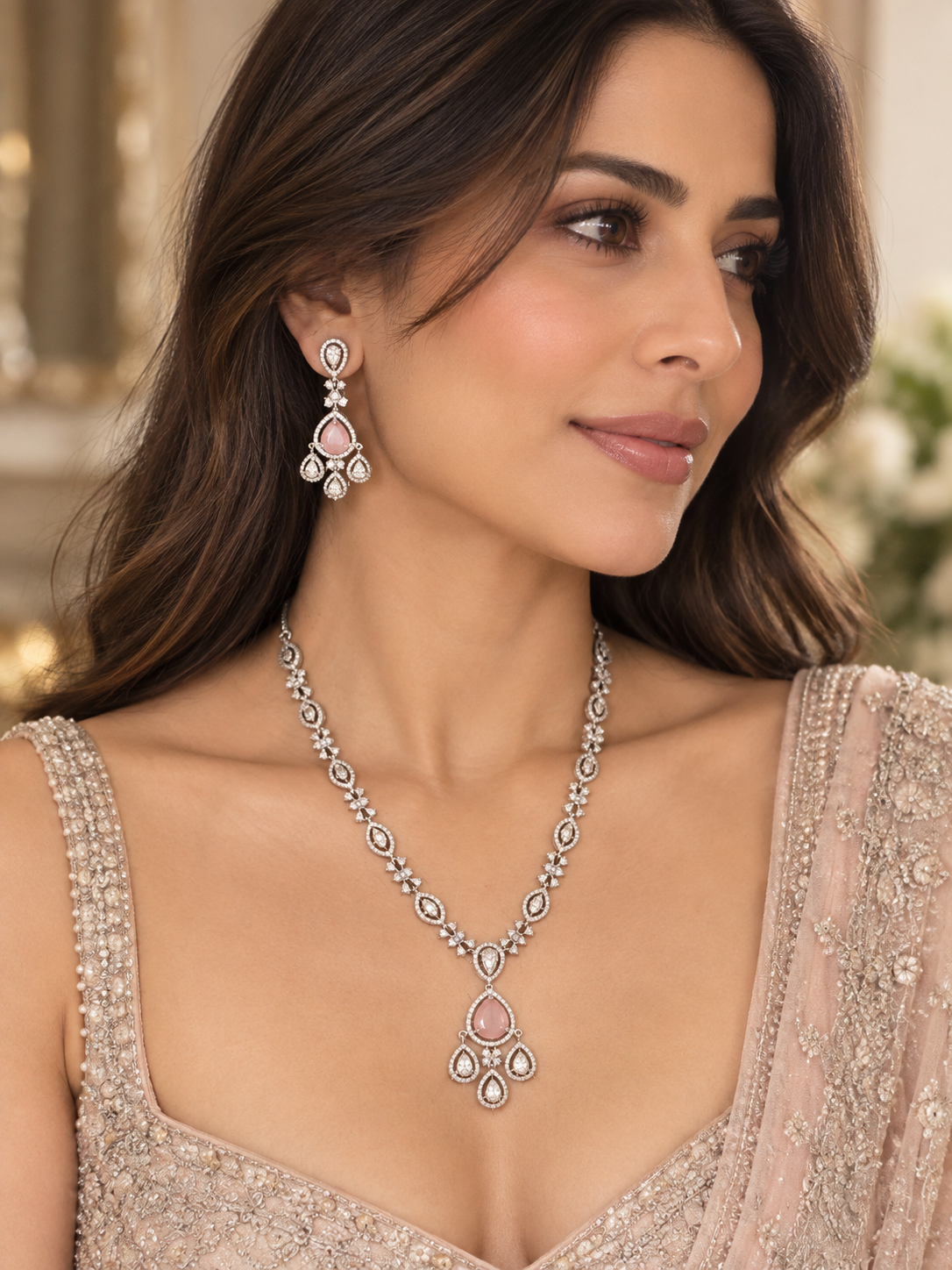Blush pink diamond Necklace & Earrings