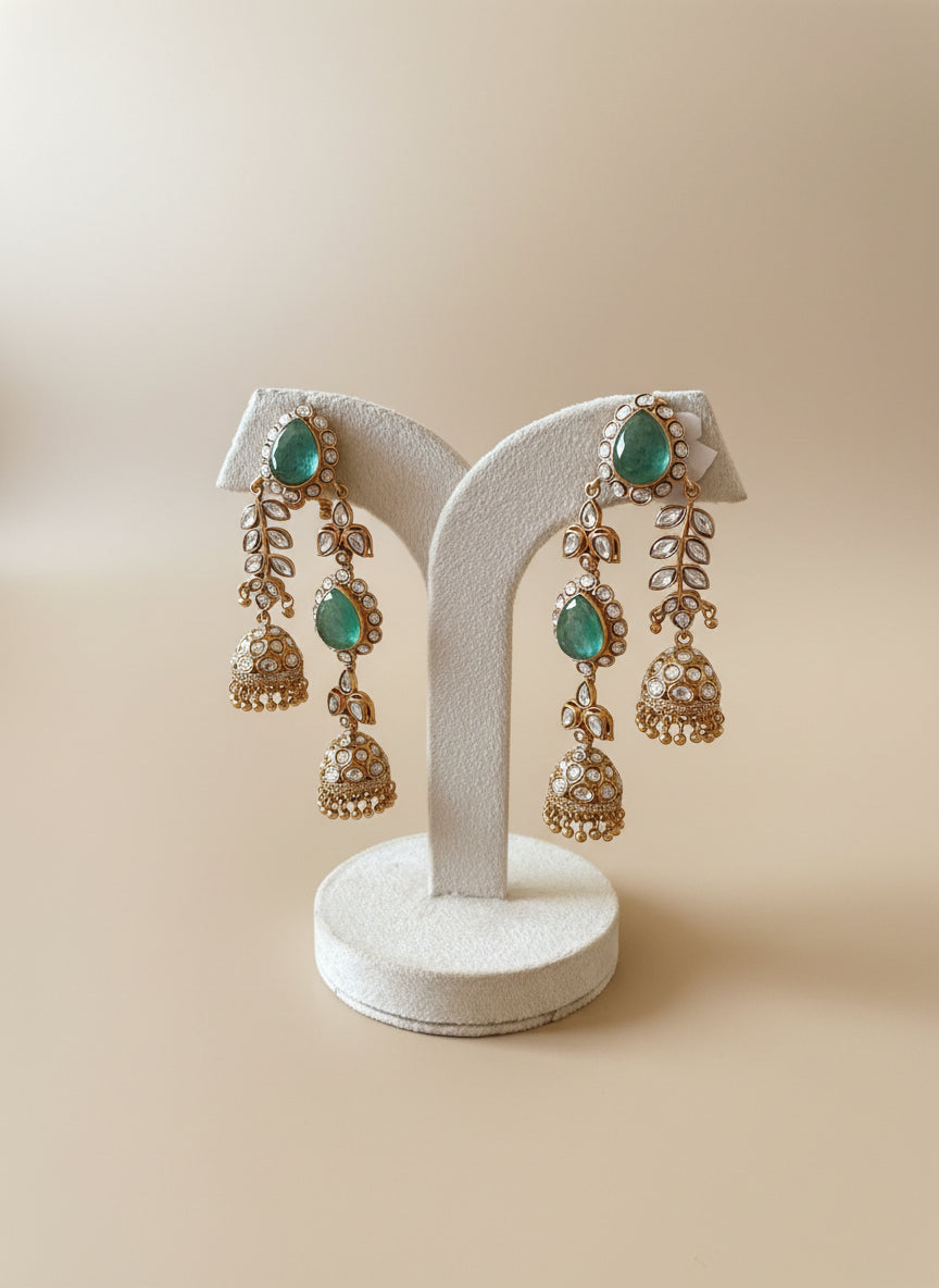 Emerald kundan gold statement jhumkas