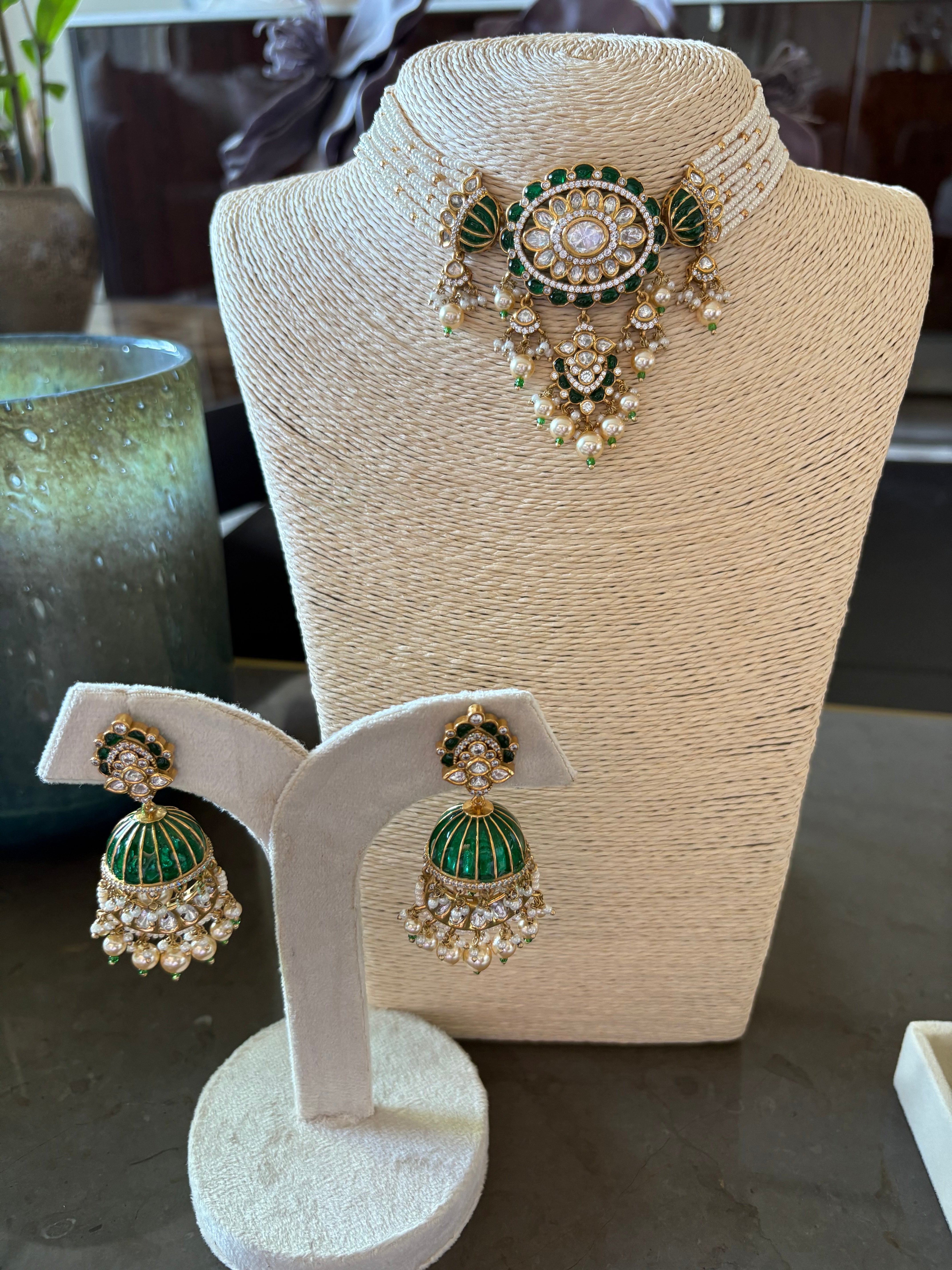 Emerald pearl choker with Jhumkas