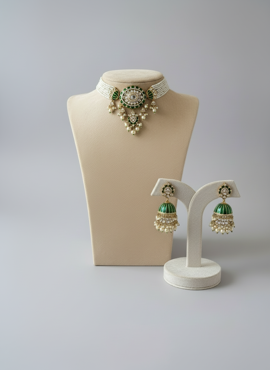 Emerald pearl choker with Jhumkas
