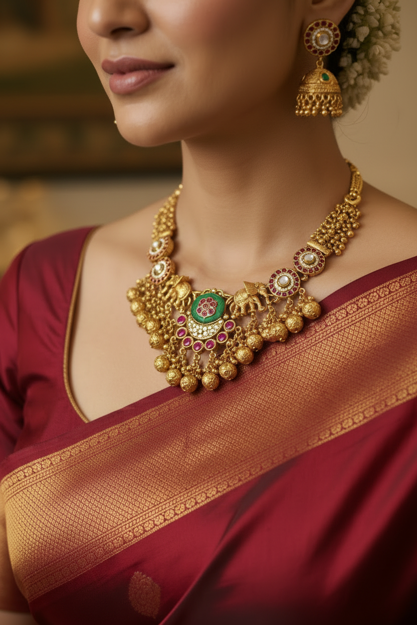 Suvarna Antique Gold Neckpiece with Jhumkas