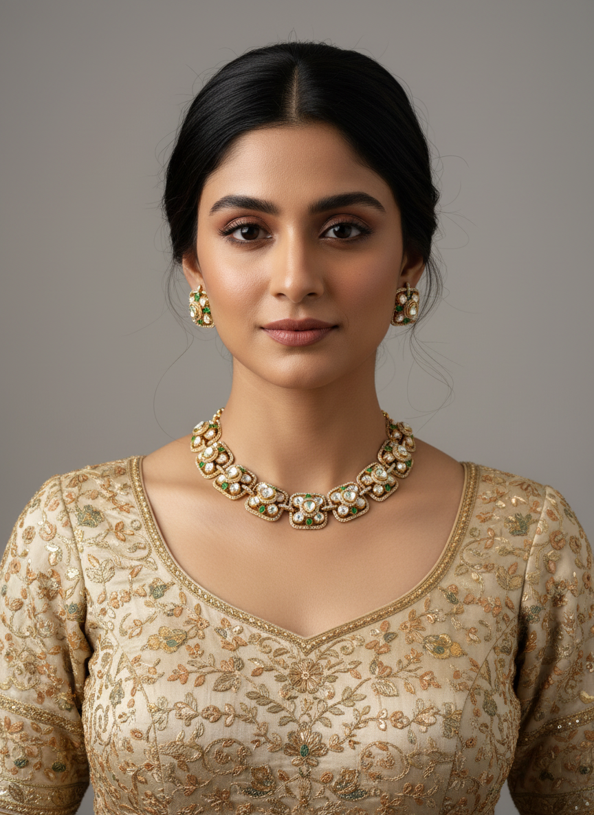 Polki choker set with emerald stone detail