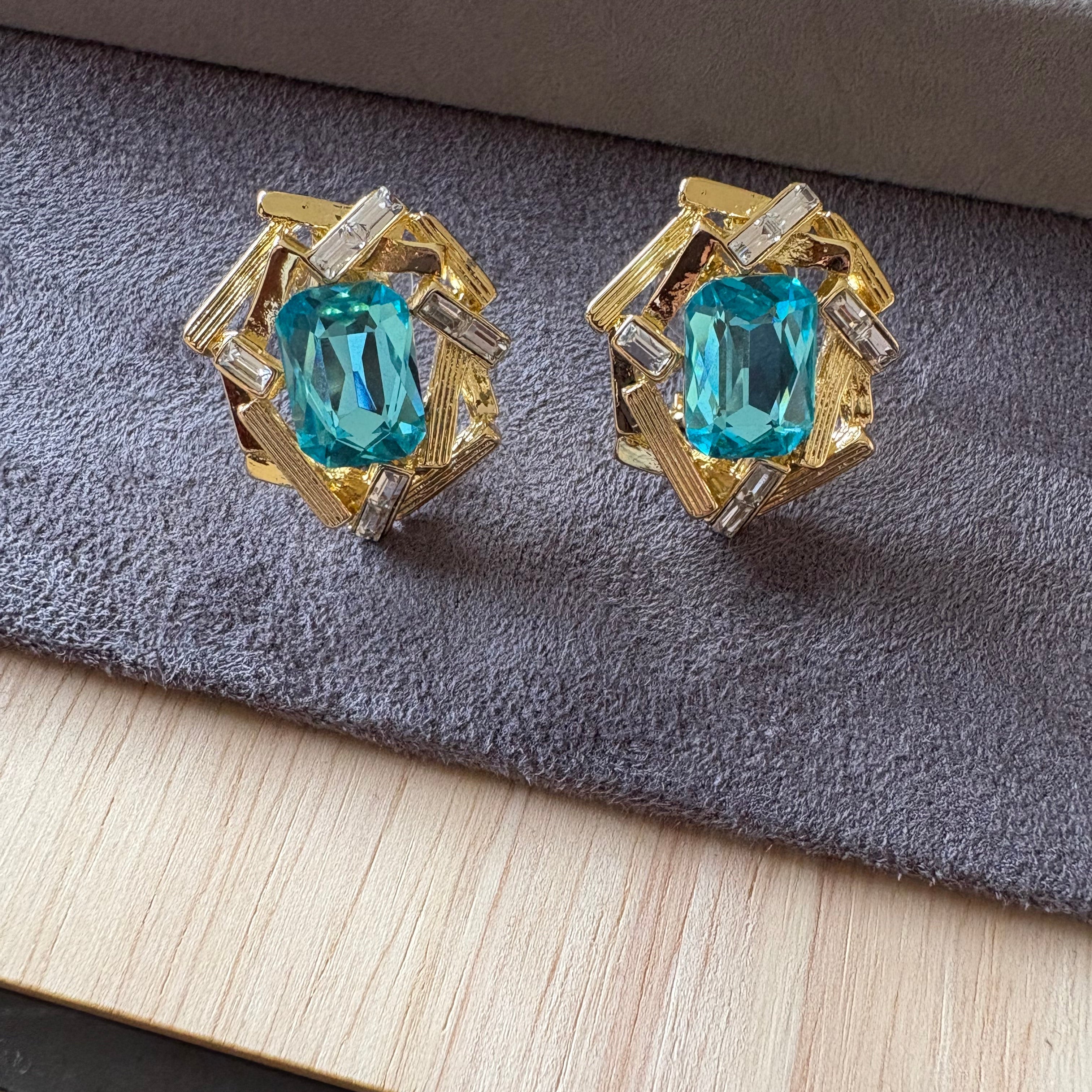 Blue Crystal Luxe Gold Rim Studs