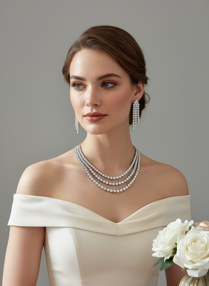 Three line diamond cocktail neckpiece & danglers