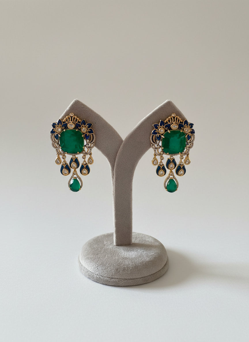Contemporary Emerald & Blue Diamond Polki Earrings