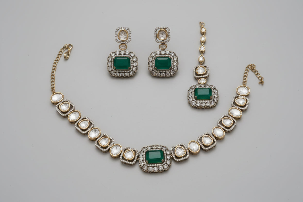 Emerald Diamond & Polki Gold plated Choker set with Maangtikka
