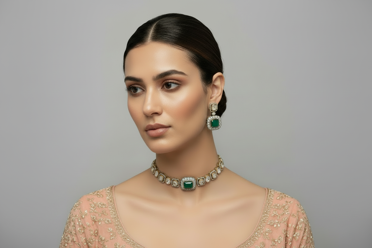Emerald Diamond & Polki Gold plated Choker set with Maangtikka