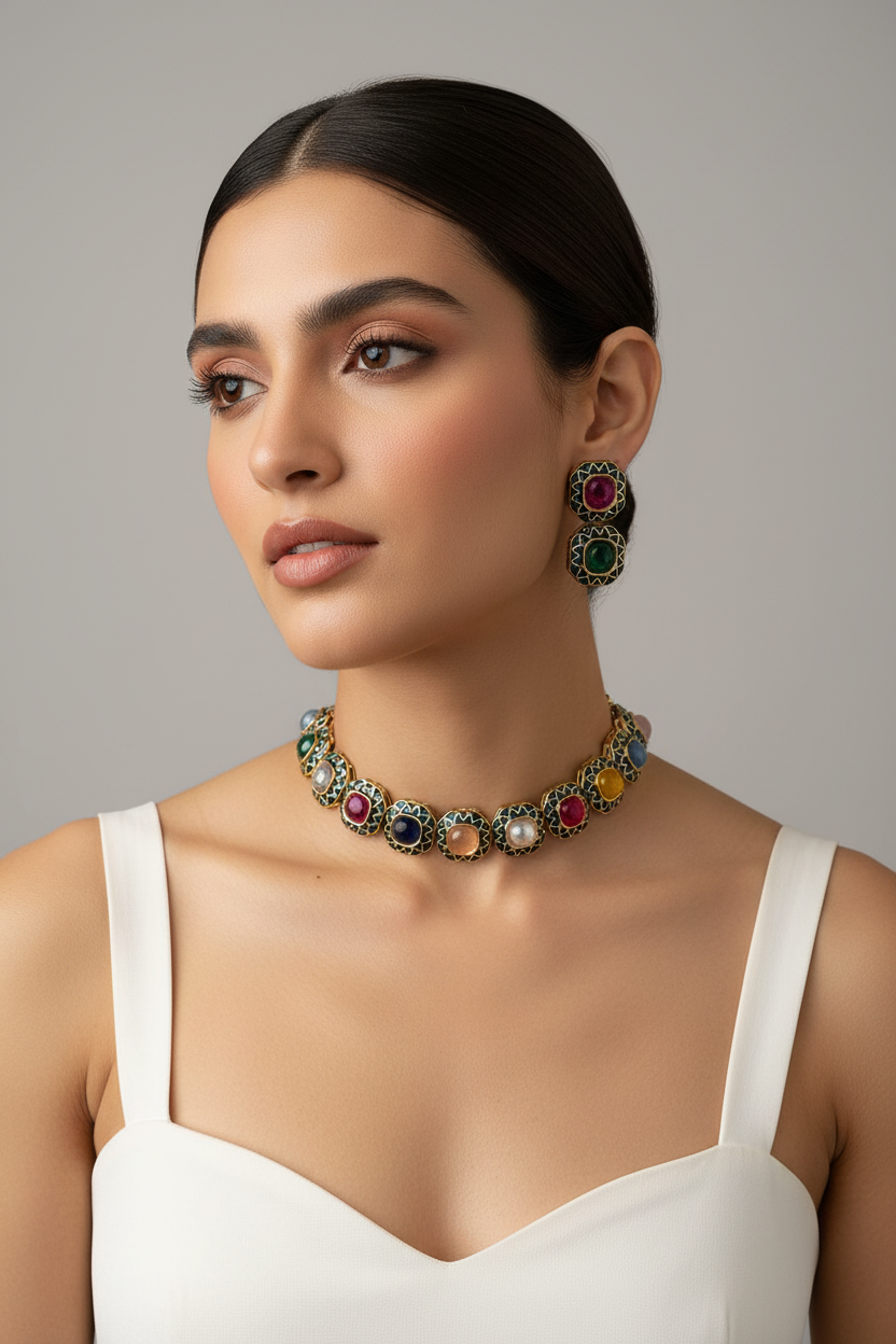 Multicolour semi precious choker with earrings