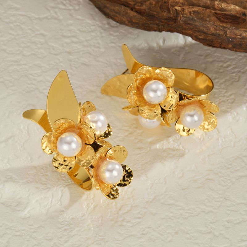 Three Flower Pearl Gold Plated Earrings