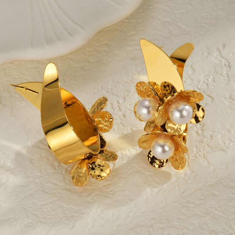 Three Flower Pearl Gold Plated Earrings