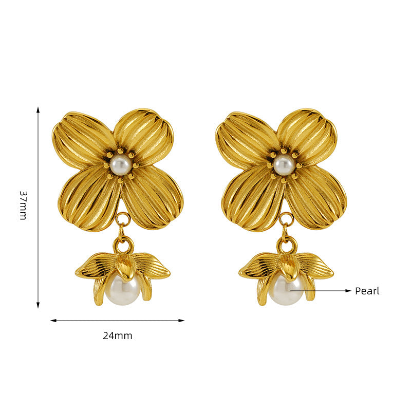 Flower pearl drop gold earrings