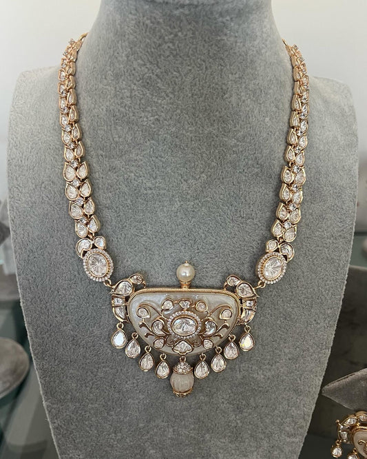 Semi precious gold plated contemporary Polki neckpiece and earrings