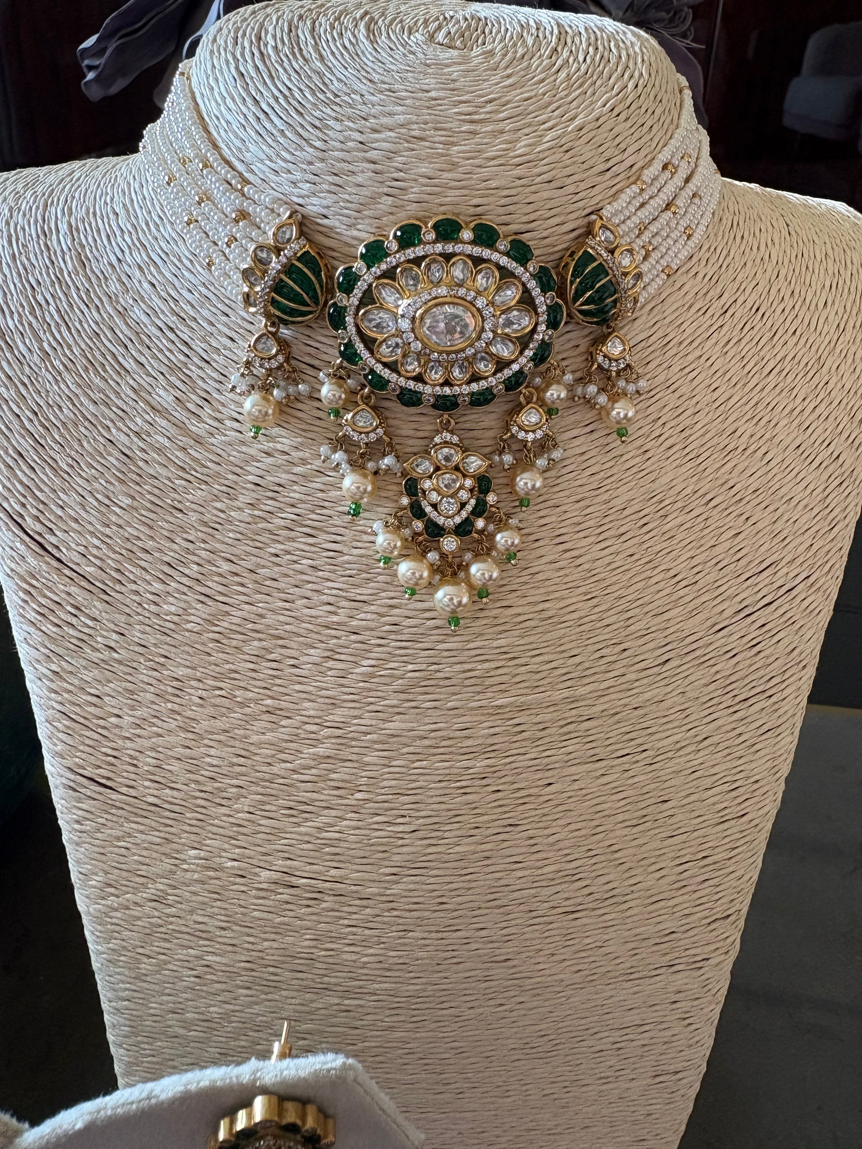 Emerald pearl choker with Jhumkas