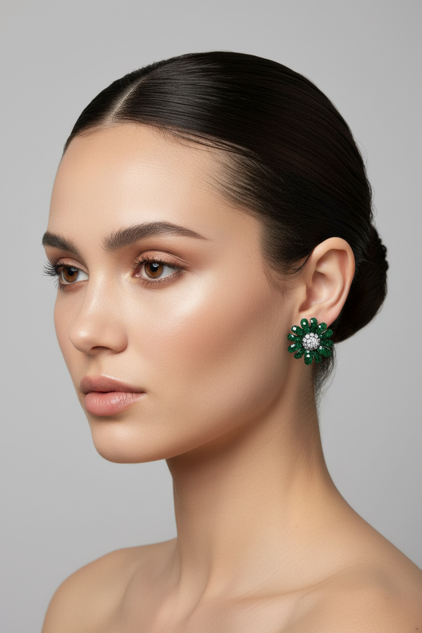 Green crystal & diamond studs