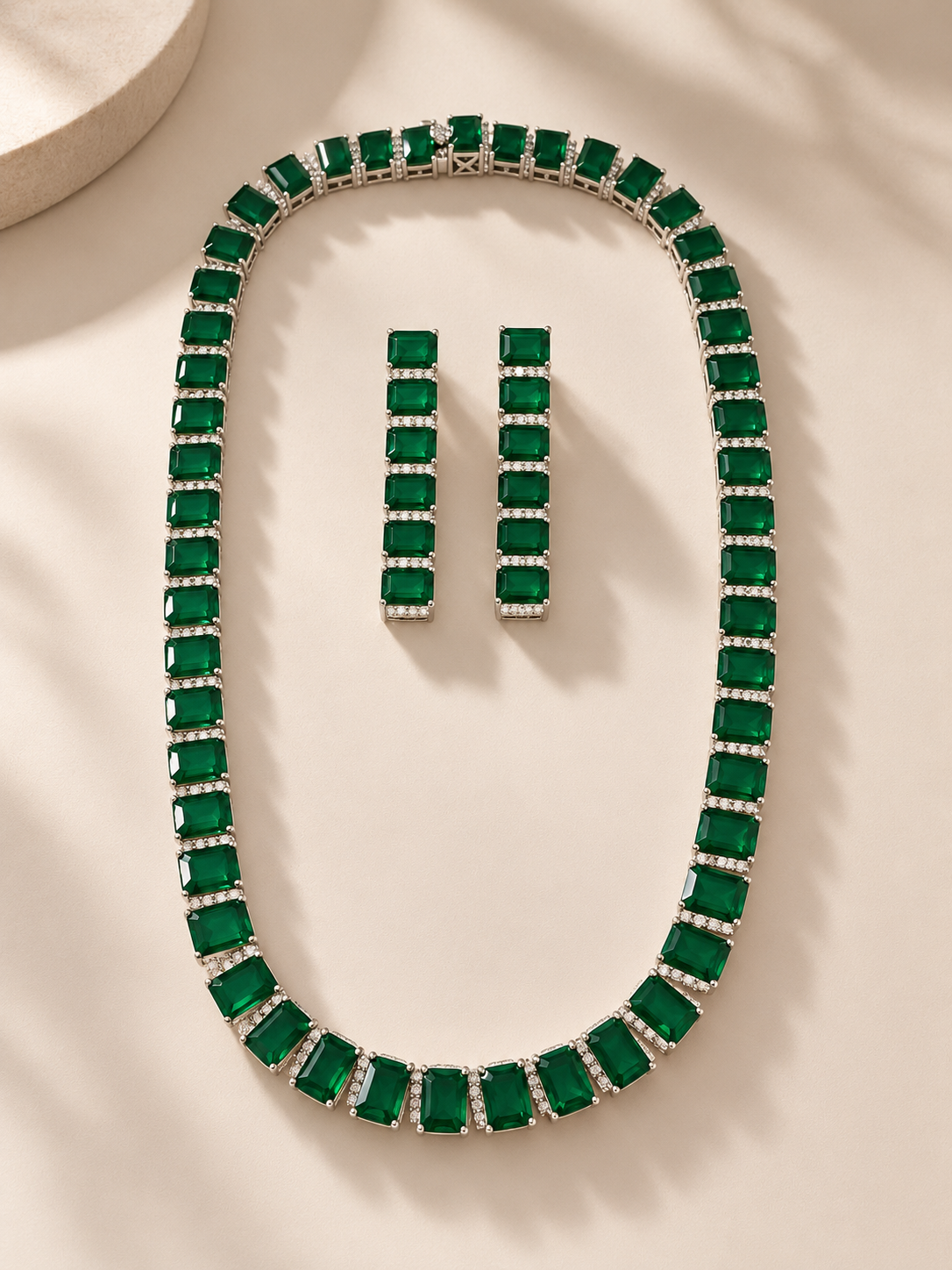 Emerald Diamond Cut Necklace with Earrings