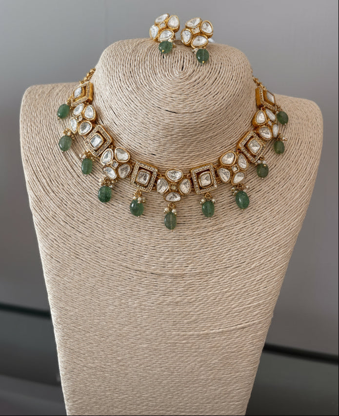 Polki mint green drop necklace & earrings