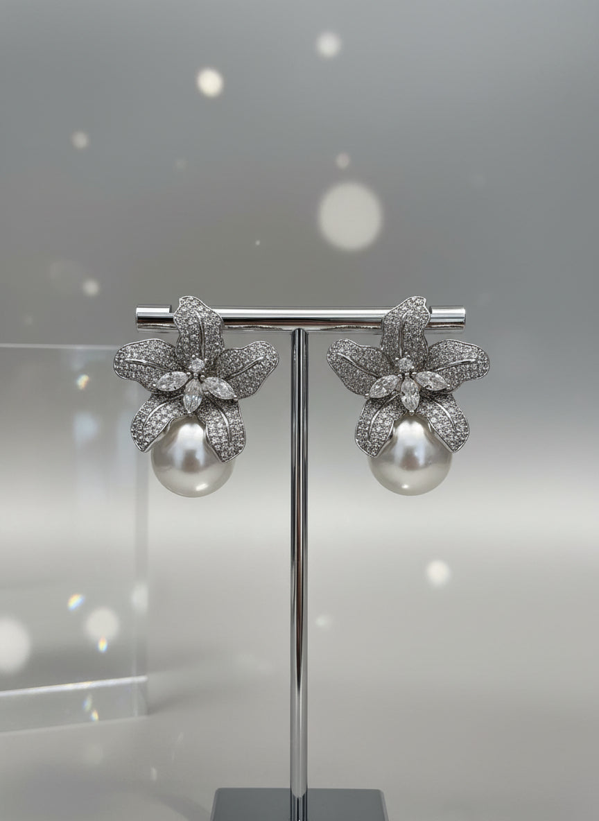 Pearl Drop Zircon Diamond Flower Earrings