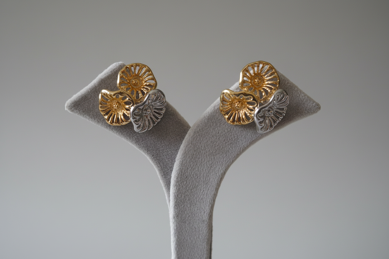 Two tone gold silver flower studs