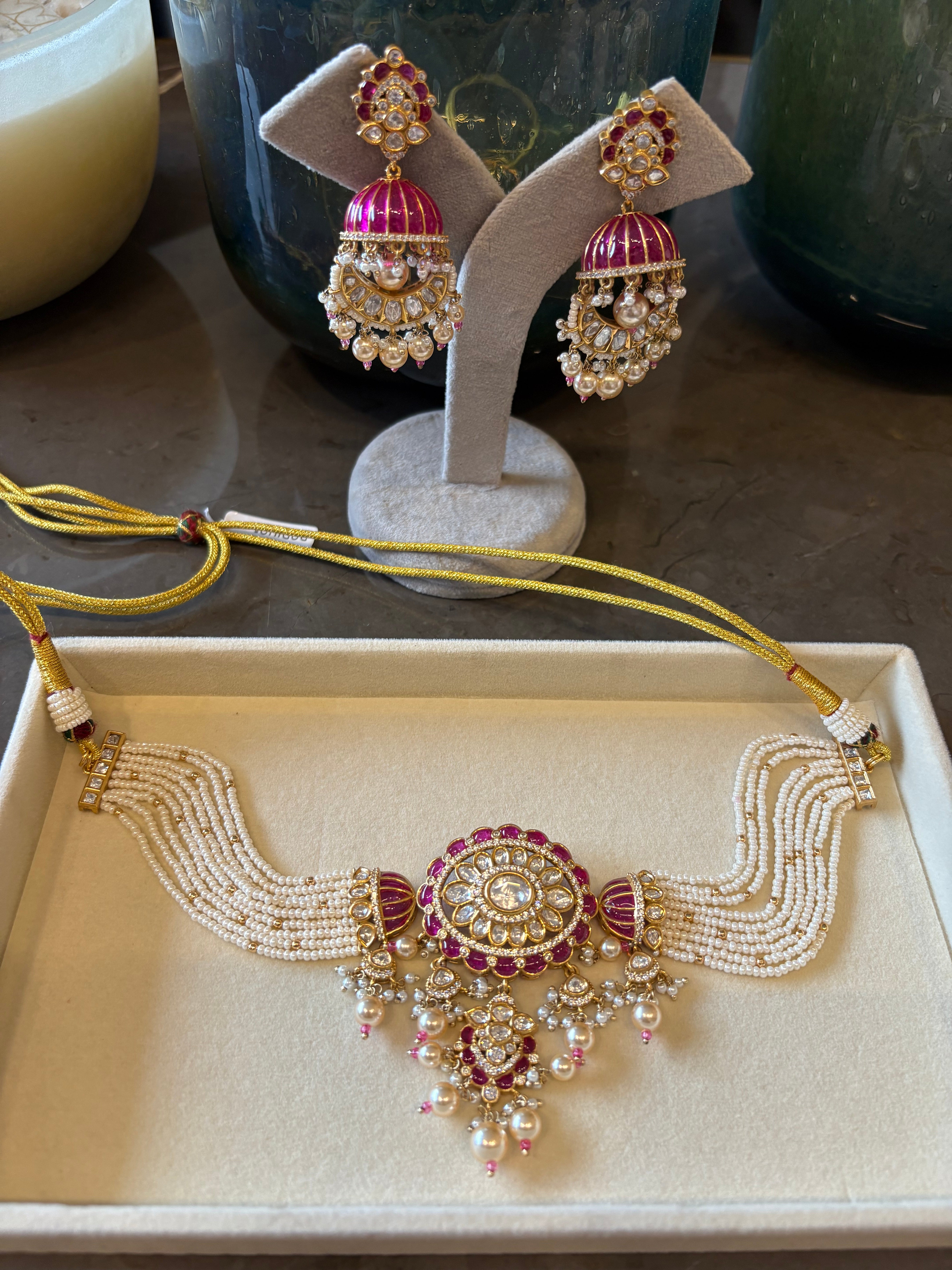 Ruby Pearl Choker and Jhumkas
