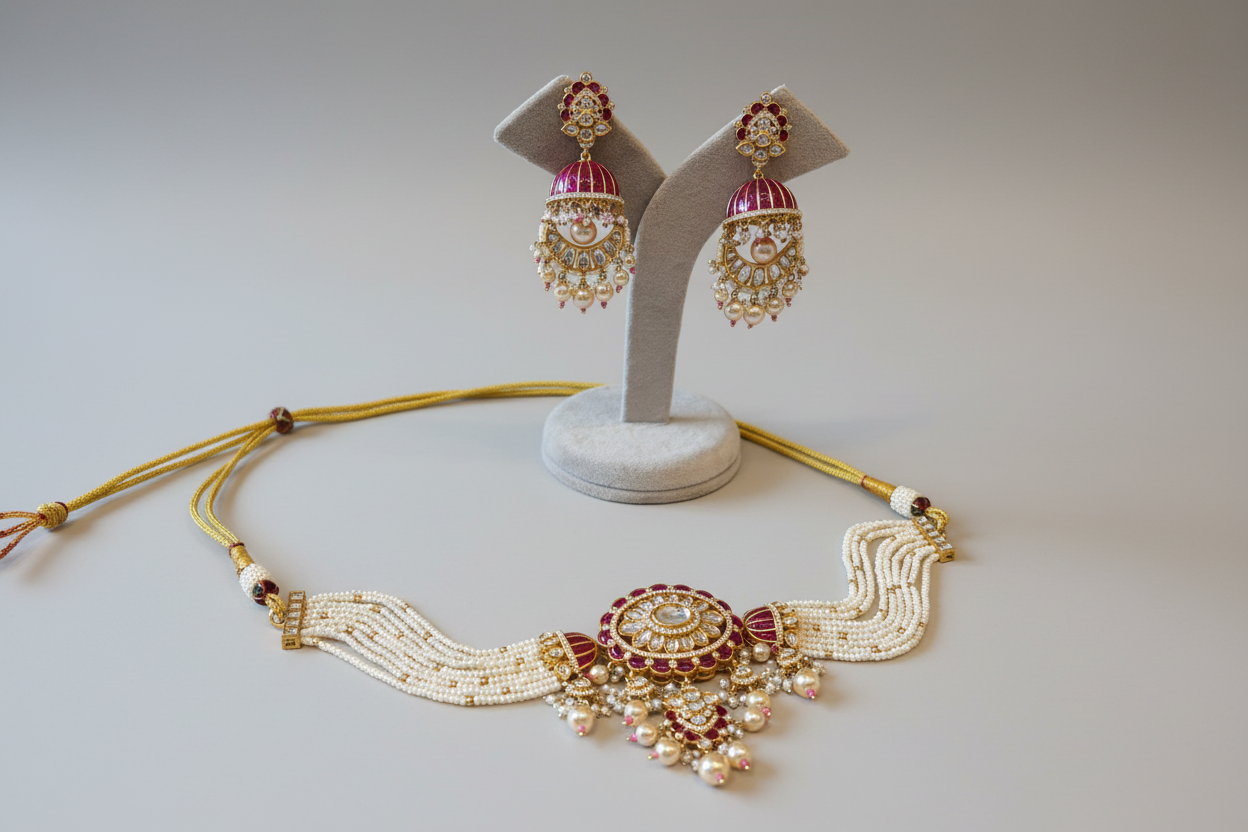 Ruby Pearl Choker and Jhumkas