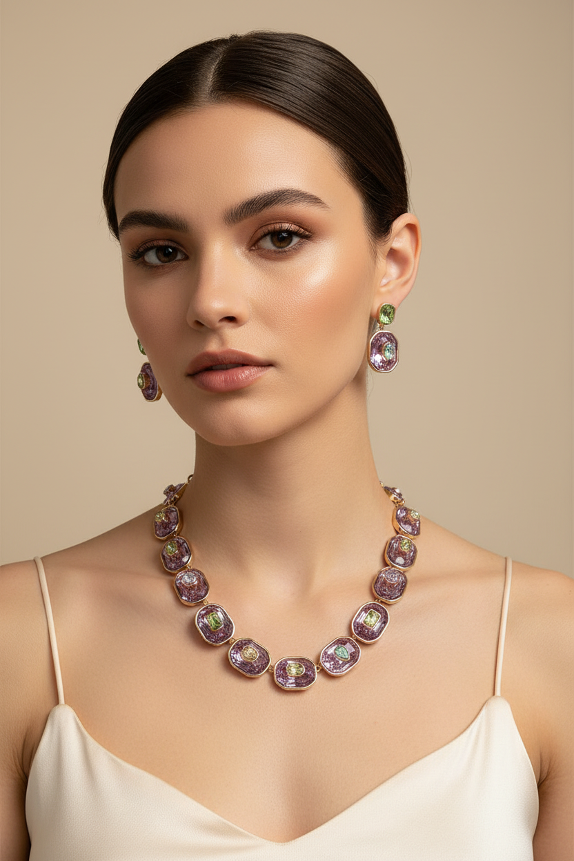 Multi Colour Crystal Luxury Neckpiece with earrings