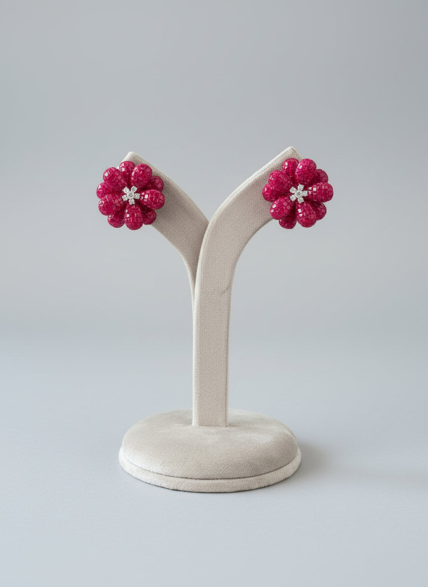 Ruby crystal & diamond flower studs