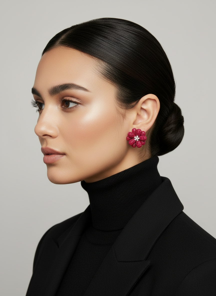 Ruby crystal & diamond flower studs