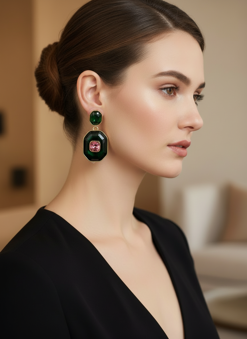 Green & pink crystal danglers