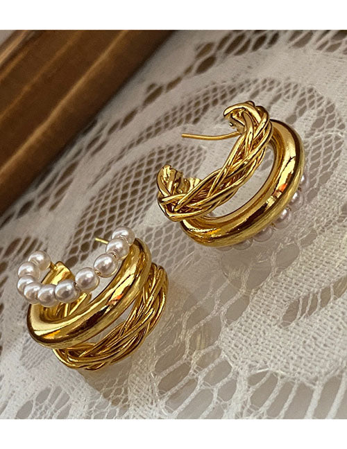 C shape pearl gold studs