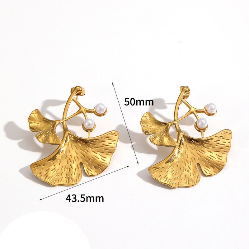 Gold plated pearl leaf statement earrings