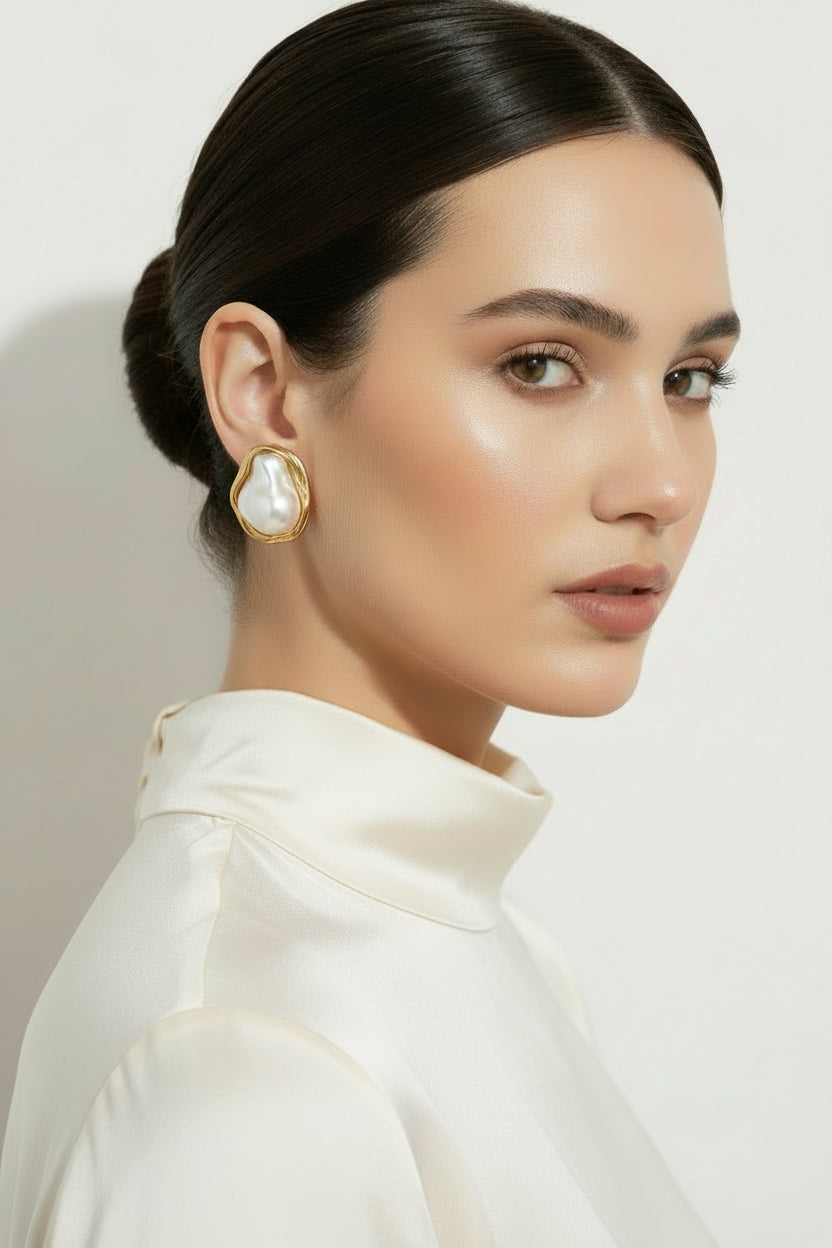 Baroque pearl gold detail studs