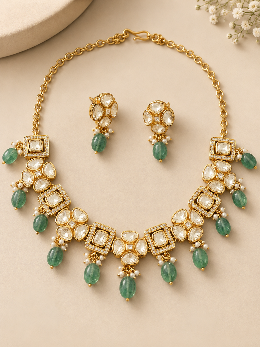 Polki mint green drop necklace & earrings
