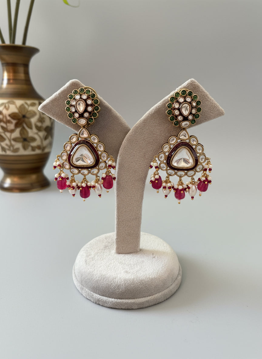 Polki Emerald & Ruby Pearl Drop Earrings