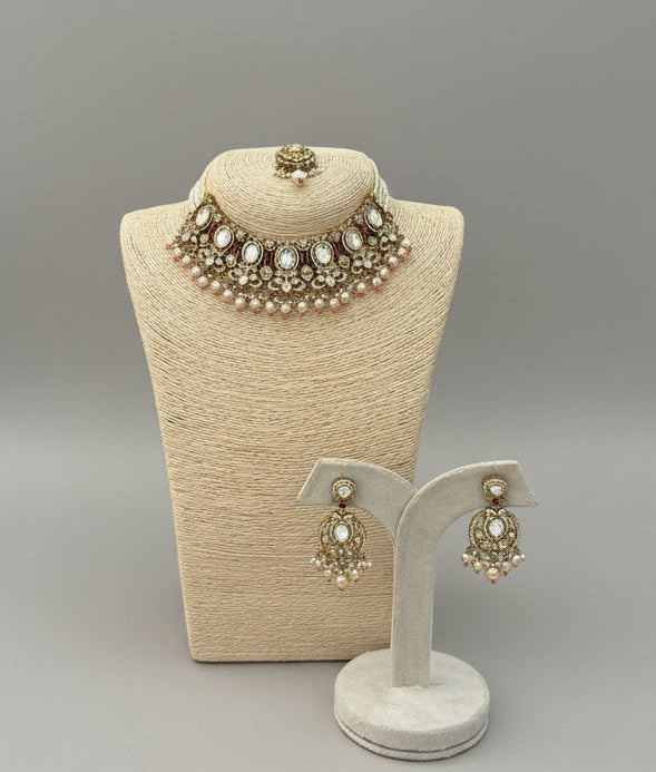 Polki pearl choker set with maangtikka