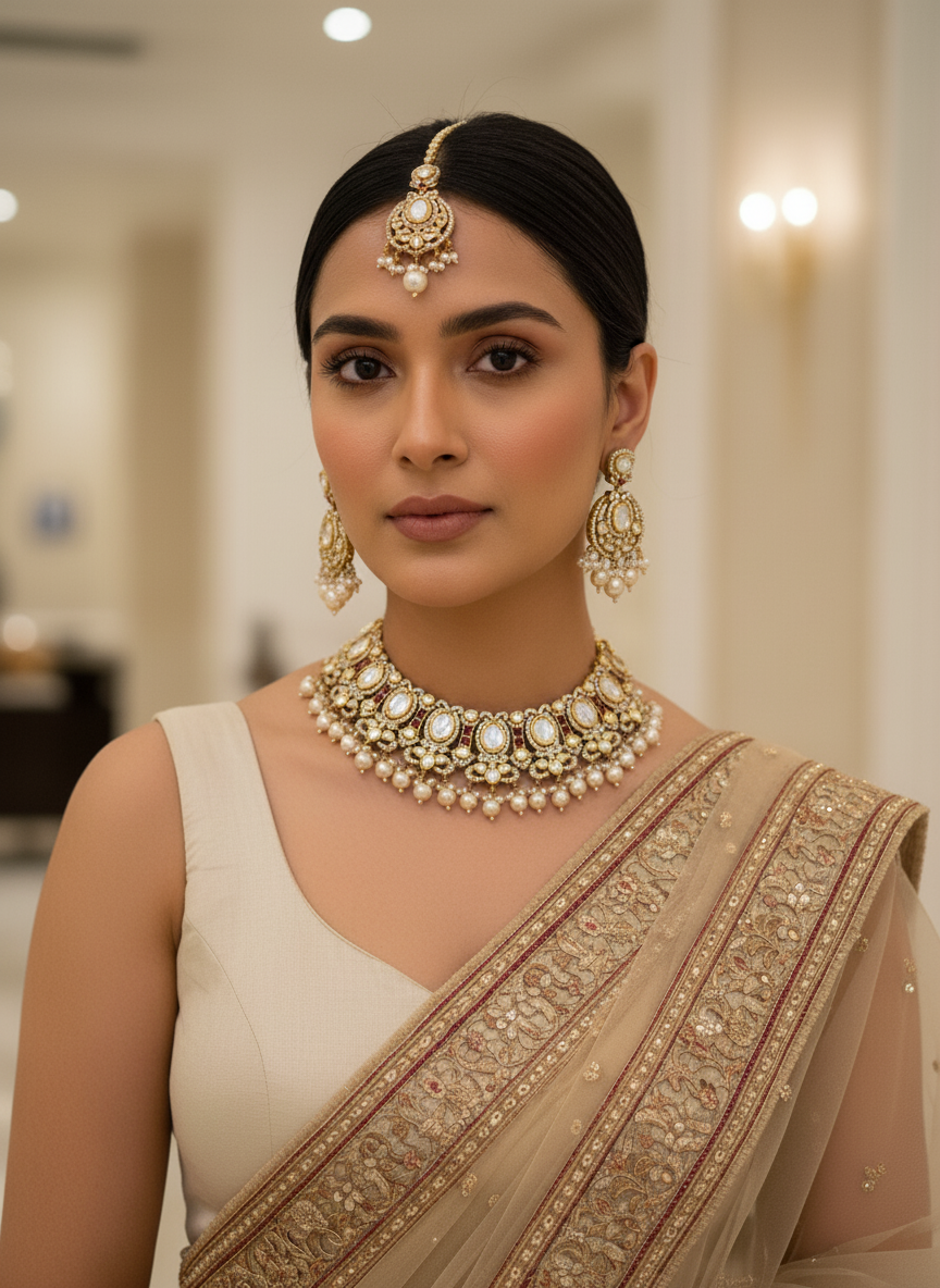 Polki pearl choker set with maangtikka