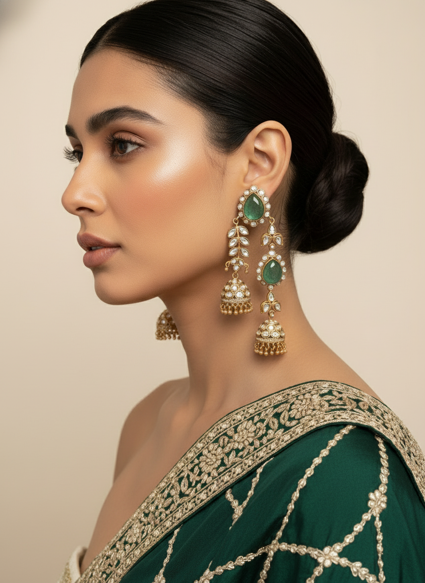 Emerald kundan gold statement jhumkas