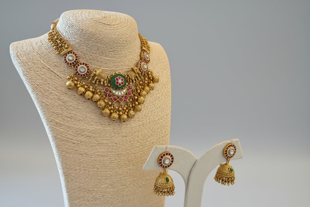 Suvarna Antique Gold Neckpiece with Jhumkas