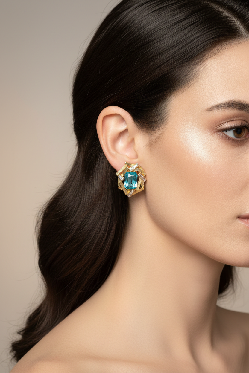 Blue Crystal Luxe Gold Rim Studs