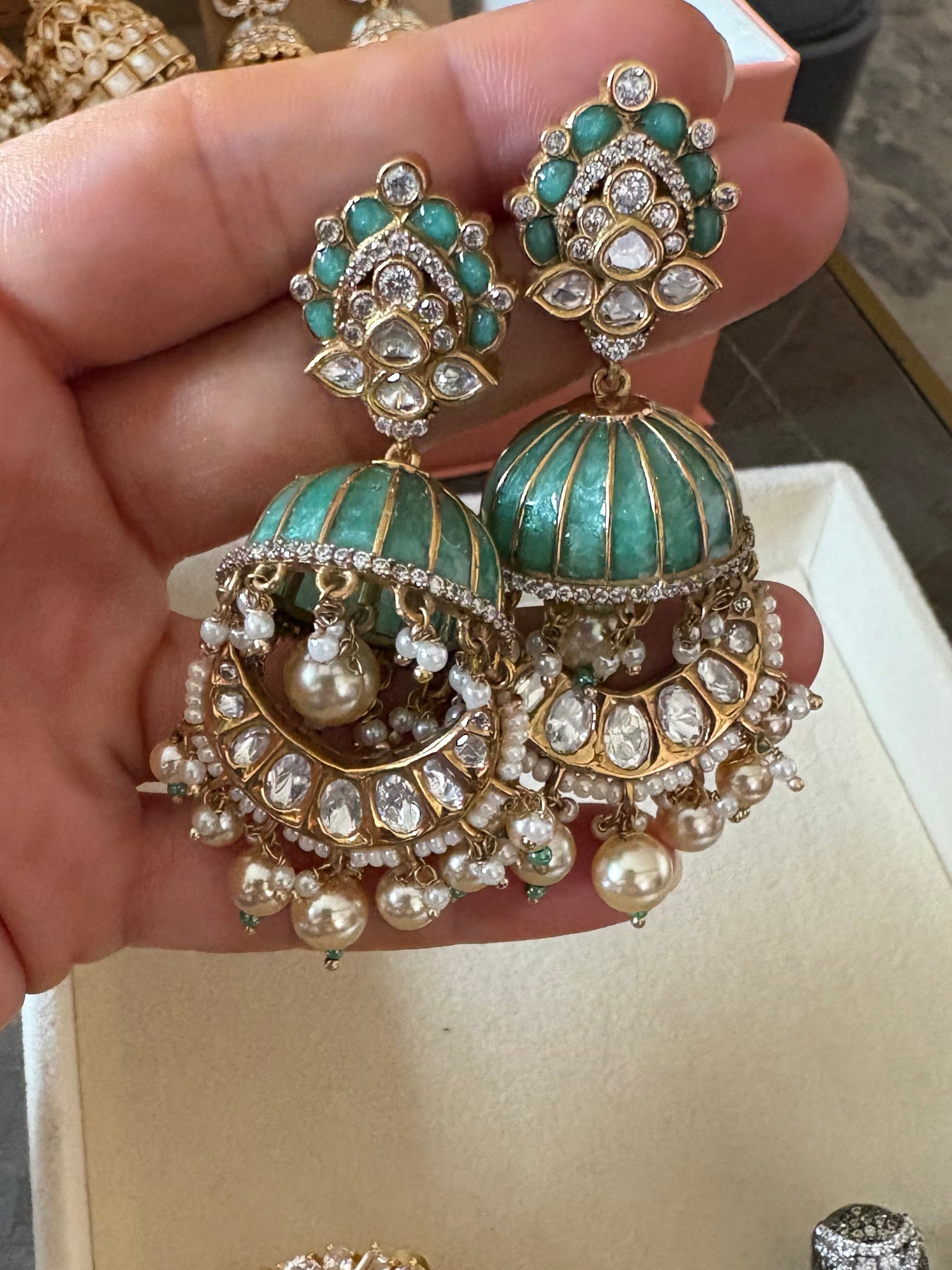Mint Green semi precious Jhumkas