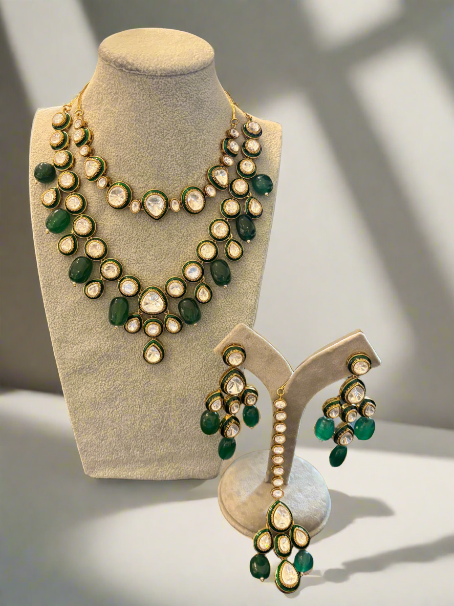 Diya Polki two layer Polki Neckpiece with Maang tikka & earrings