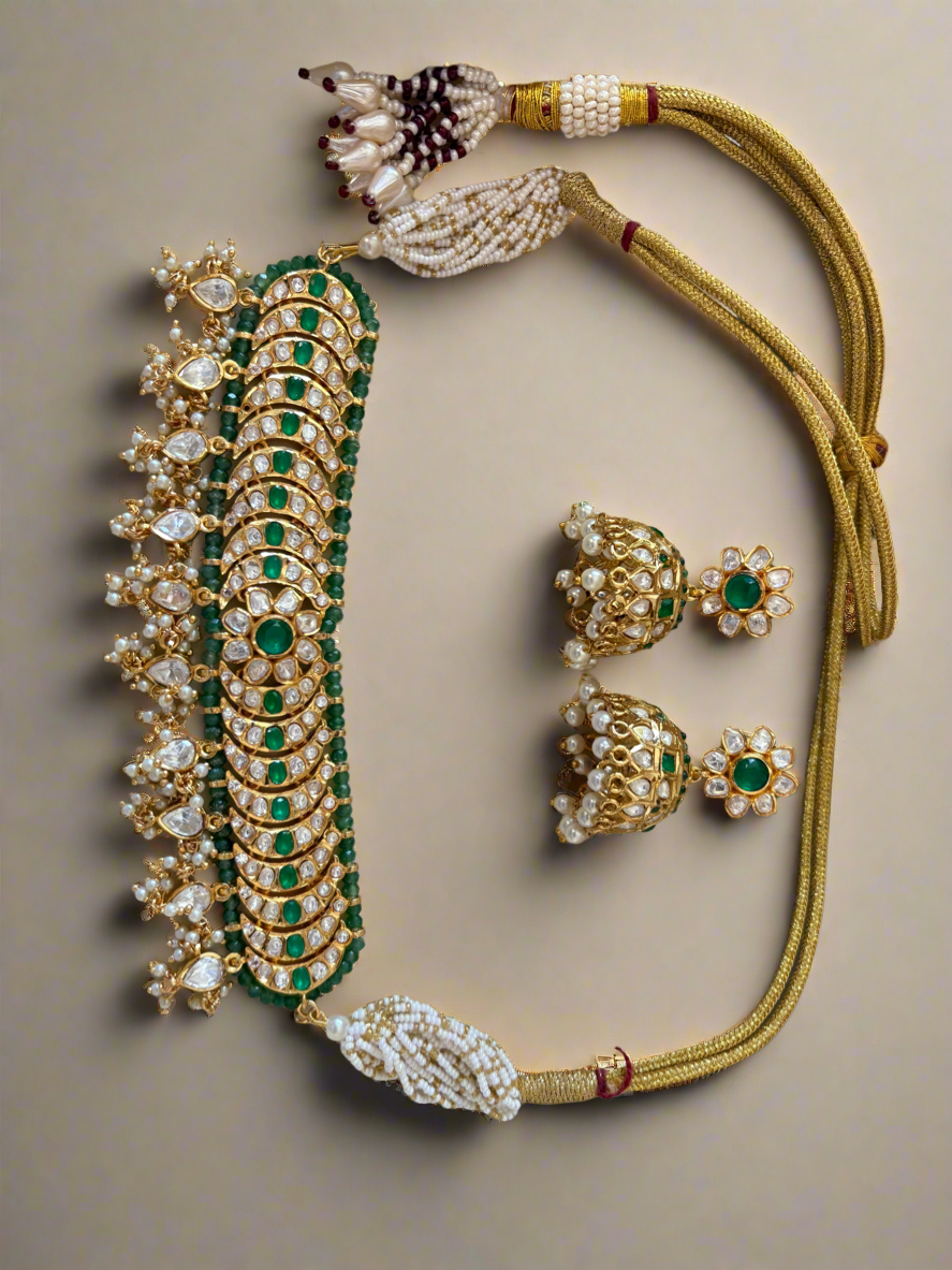 Emerald Polki Neckpiece with Jhumkas
