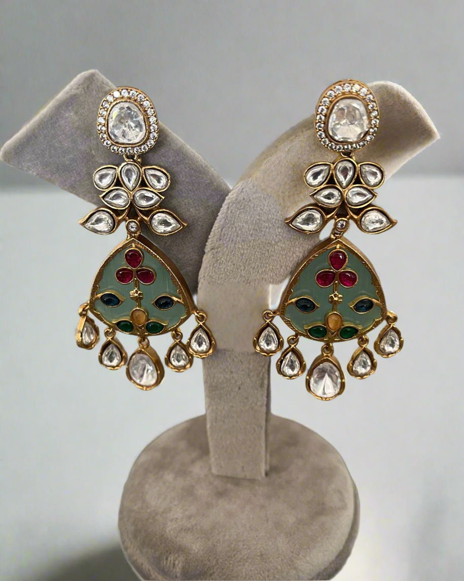 Polki Green Meenakari Earrings