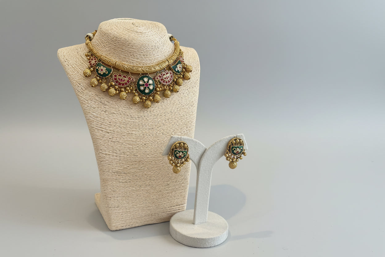Anvesha Antique Gold Neckpiece & Earrings