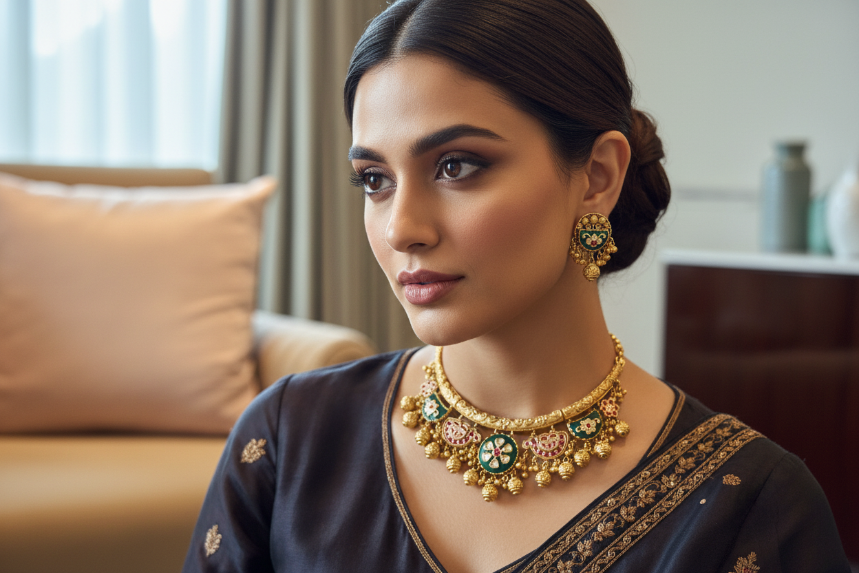 Anvesha Antique Gold Neckpiece & Earrings