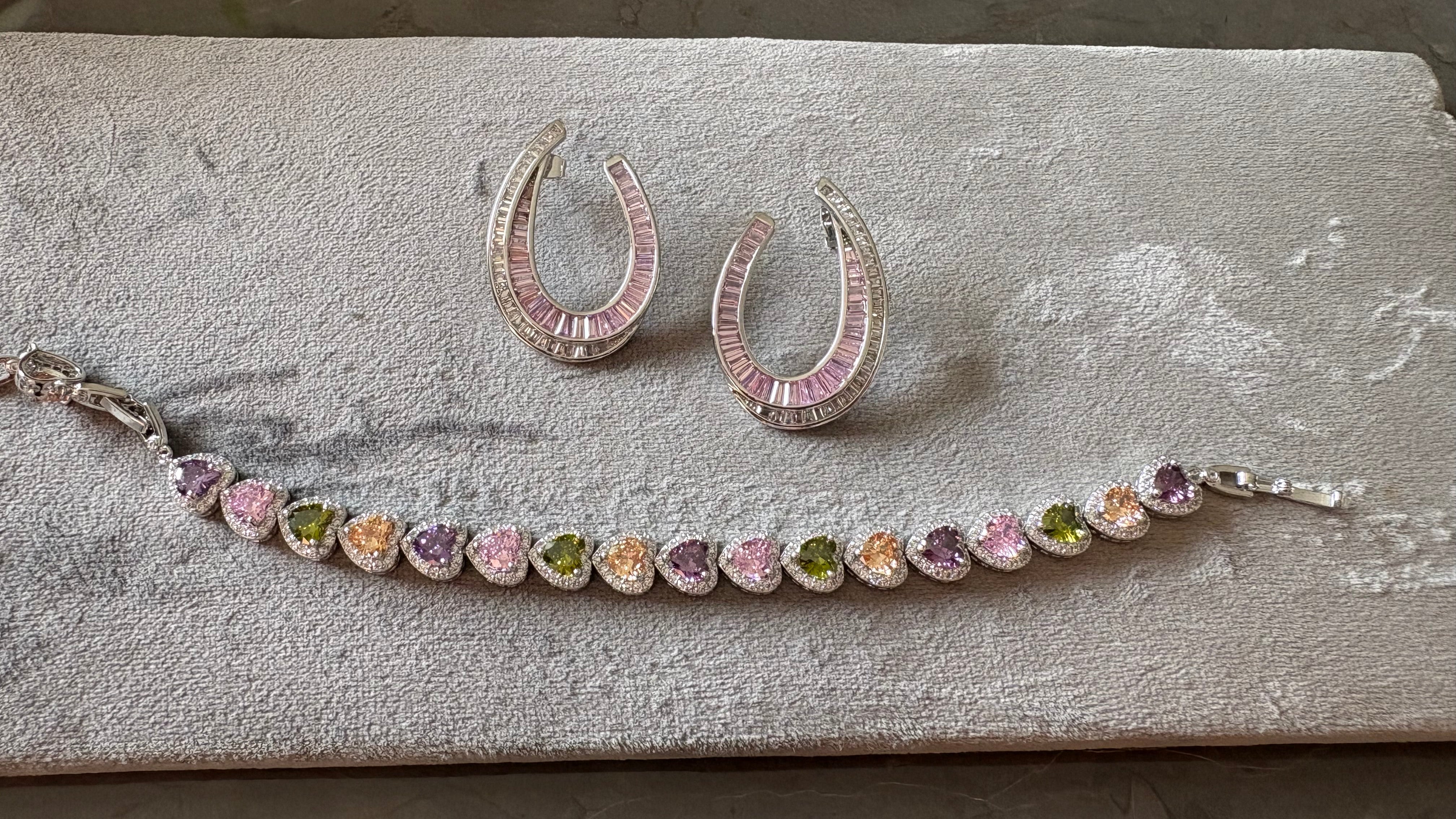 Rainbow heart crystal tennis bracelet and blush pink crystal studs