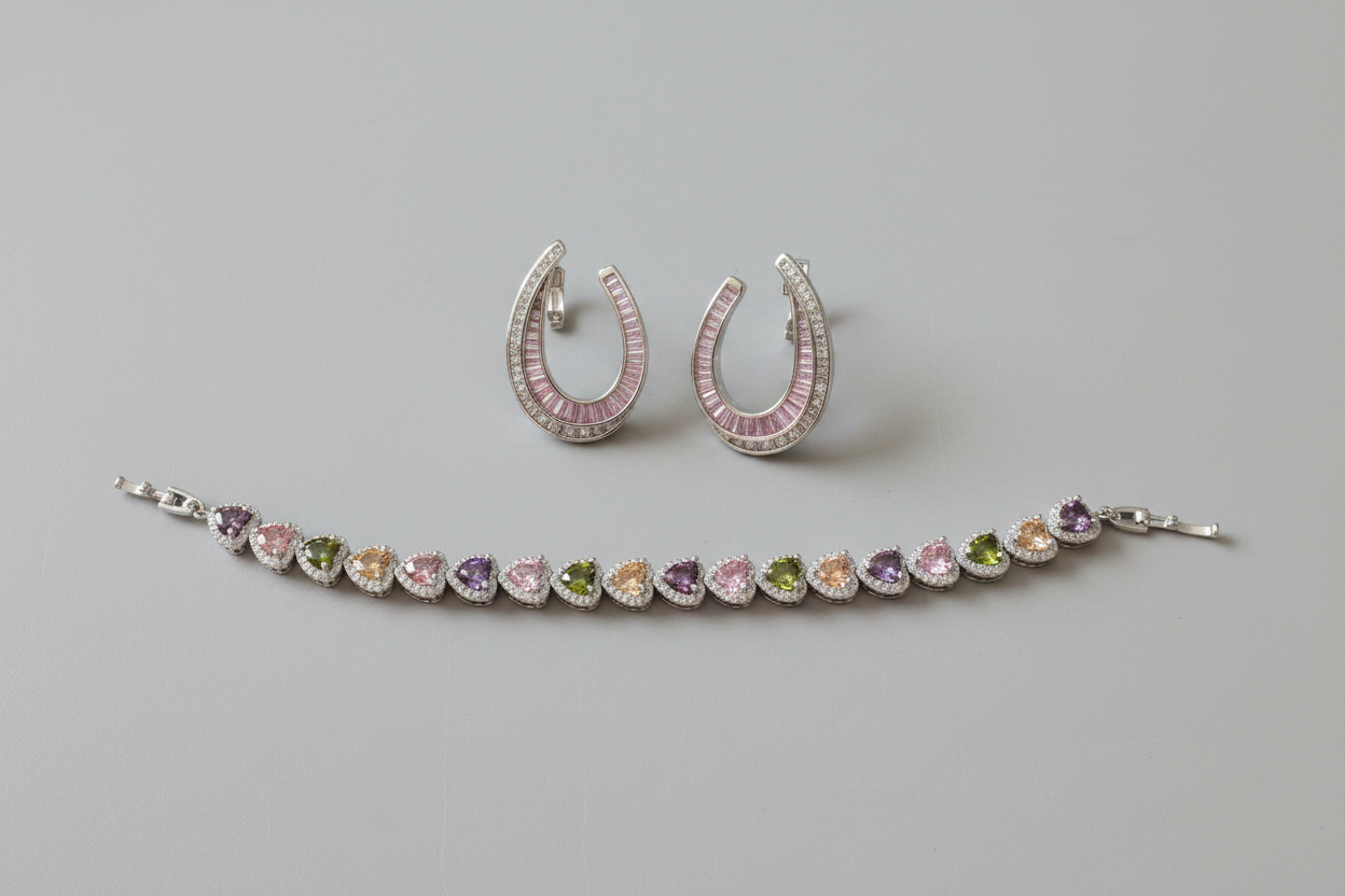Rainbow heart crystal tennis bracelet and blush pink crystal studs