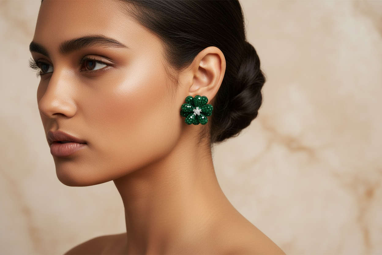 Green Flower Crystal Earrings