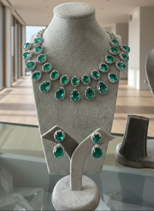 Green Cyrstal Statement Neckpiece & Earrings