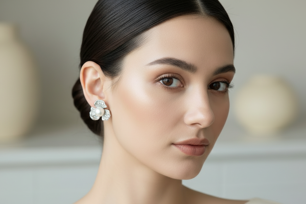 Flower pearl diamond studs